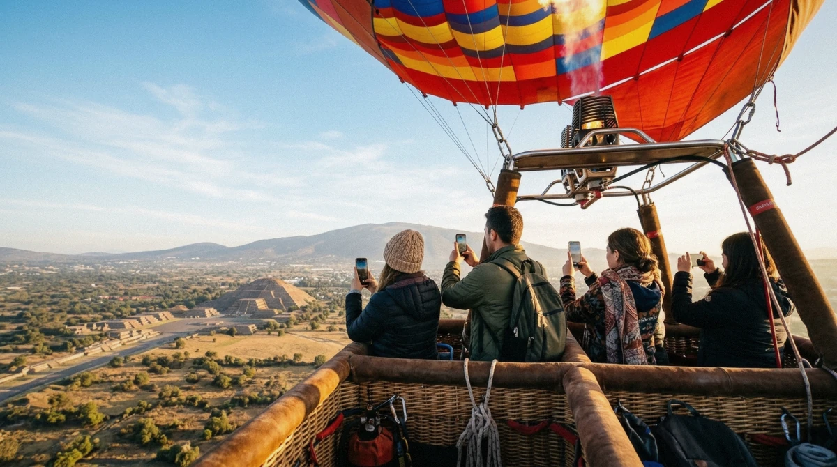 Passengers taking photos over the rim of a hot air balloon basket at sunrise over Teotihuacán, dressed in layers for the cold Mexico City dawn