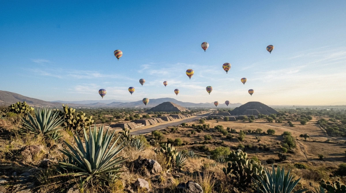 Clear dry-season sunrise compared with a cloudier rainy-season morning over Teotihuacán, showing the best time for a hot air balloon ride near Mexico City