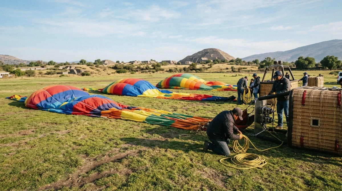 Several colorful hot air balloons deflated and folded on the launch field near Teotihuacán after a Mexico City balloon flight is grounded for weather
