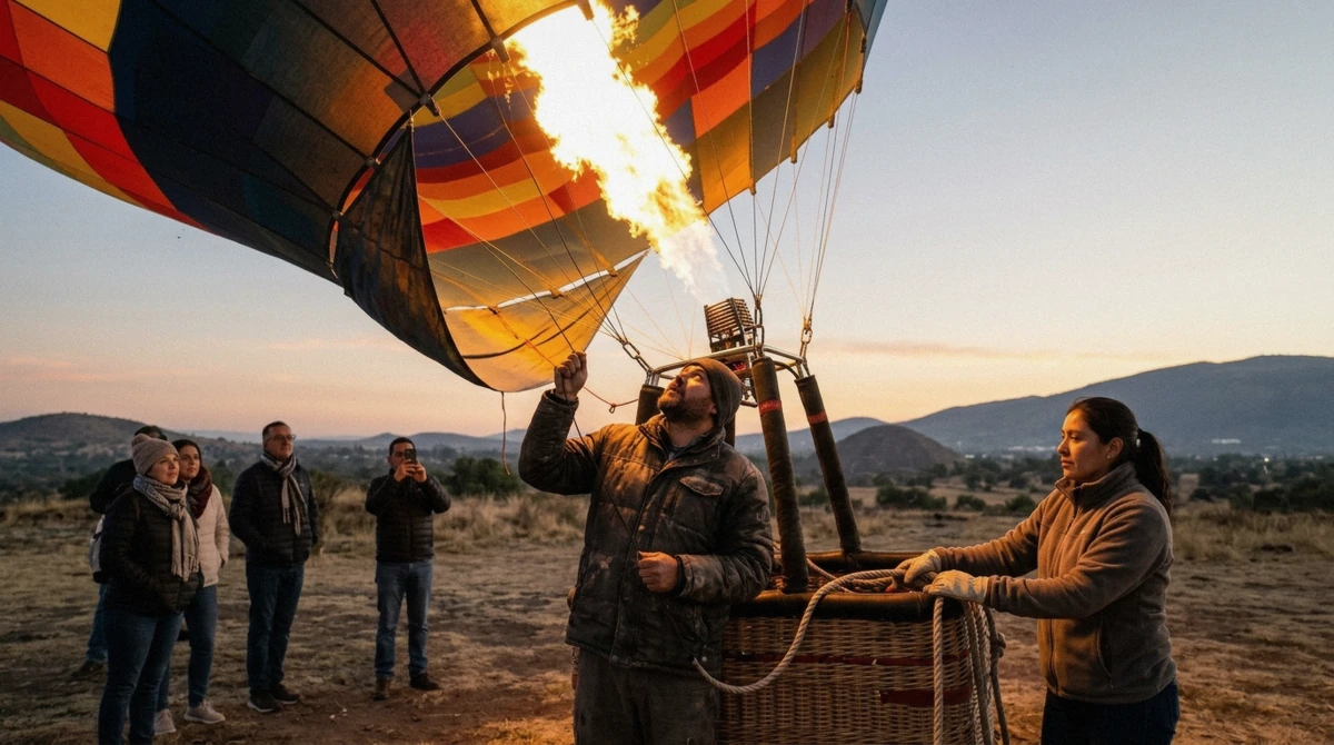 A pilot and ground crew briefing passengers before boarding a sunrise hot air balloon flight over Teotihuacán near Mexico City