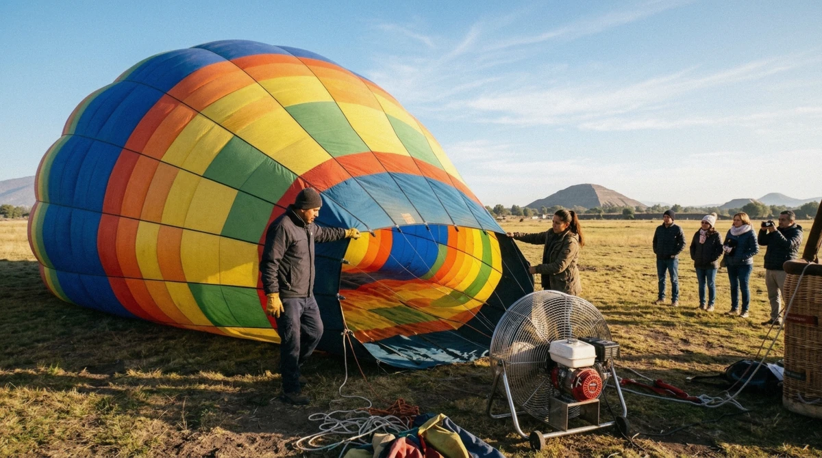 A hot air balloon launch field near San Juan Teotihuacán at dawn, close to hotels for a sunrise balloon flight near Mexico City