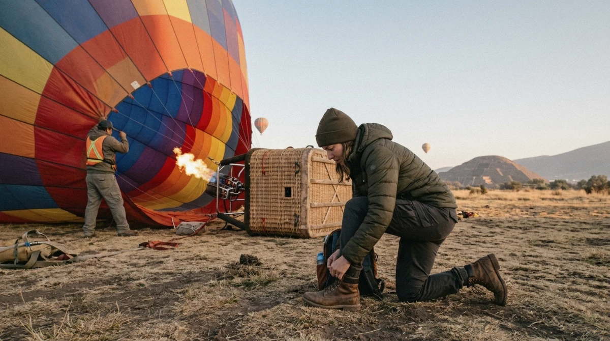 A hot air balloon crew preparing a smooth, well-run sunrise launch near Teotihuacán, Mexico City