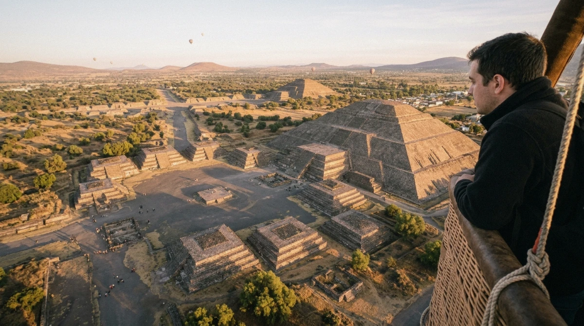 A hot air balloon drifting near the Pyramid of the Sun during a sunrise hot air balloon flight over Teotihuacán, Mexico City
