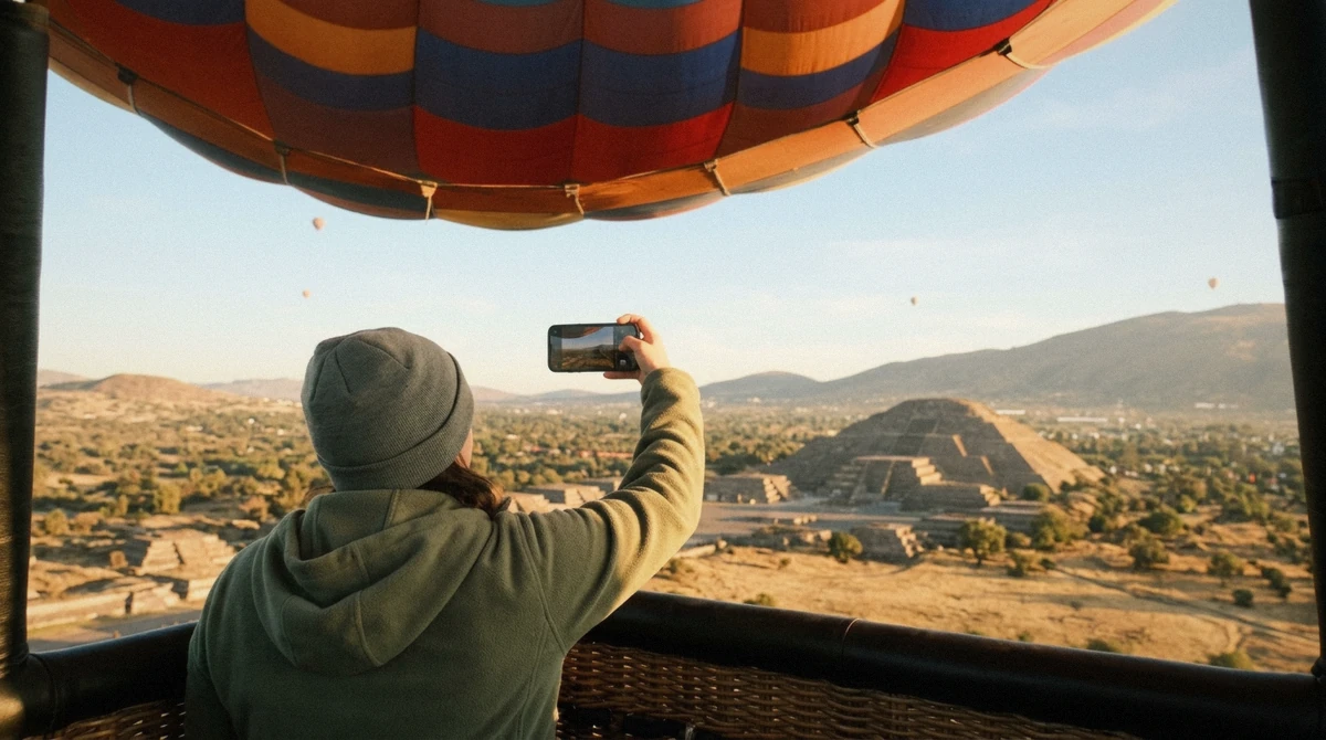Golden early-morning light over the Teotihuacán valley photographed from a hot air balloon basket near Mexico City