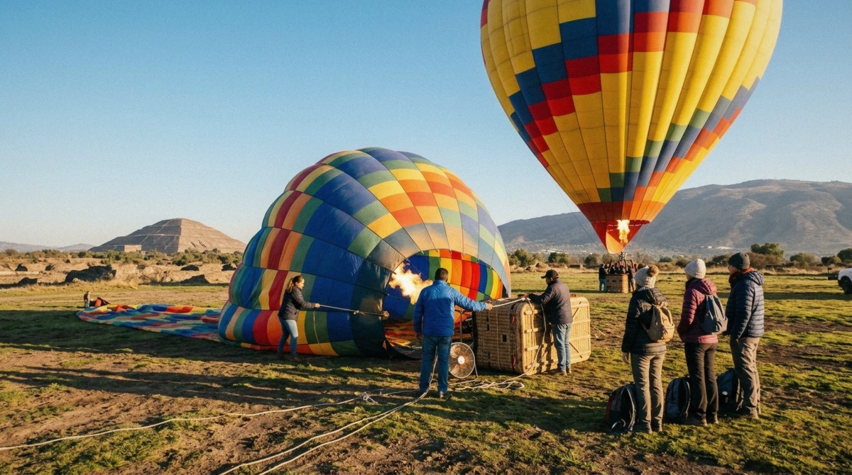 A hot air balloon crew preparing the basket before a Teotihuacán flight near Mexico City, the real cost behind the ticket price