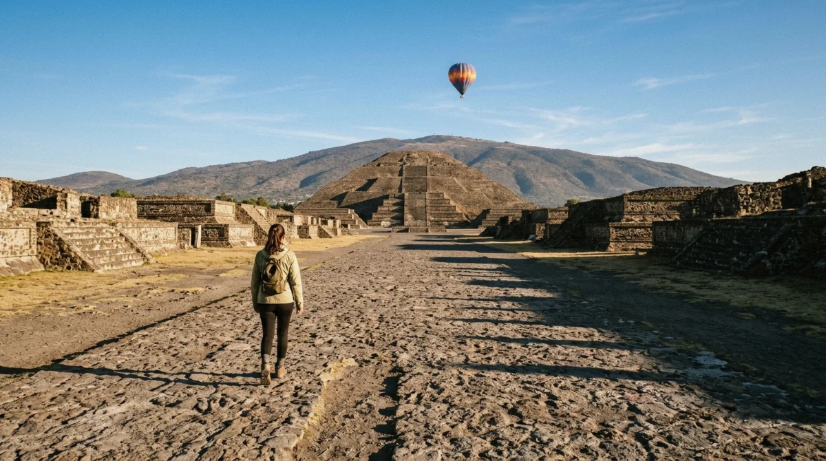 Passengers photographing the sunrise view from a hot air balloon basket during a Teotihuacán flight near Mexico City