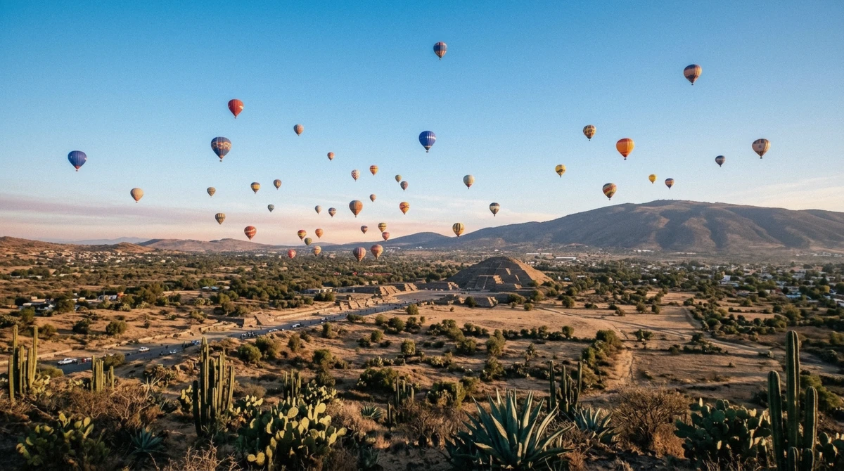 Several hot air balloons rising together over the Teotihuacán valley near Mexico City at sunrise