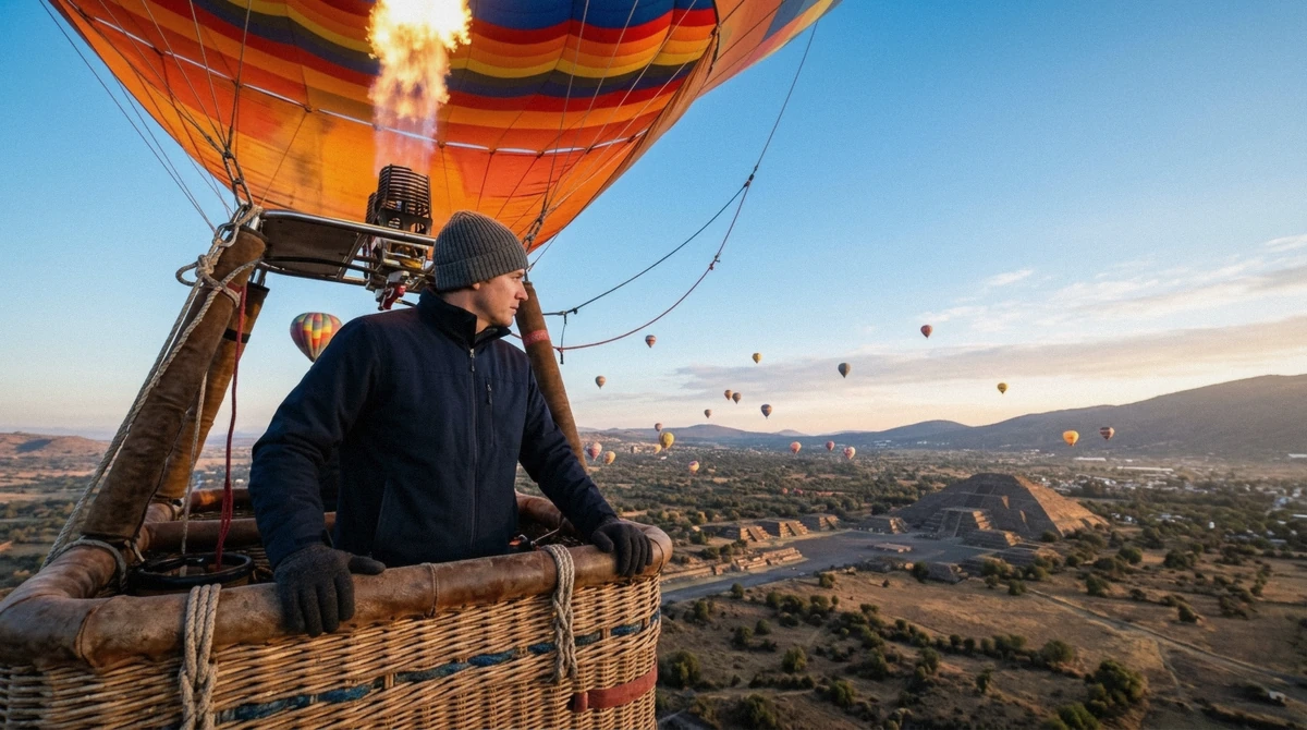 A passenger in a warm zip jacket and knit beanie standing in a hot air balloon basket at sunrise near Teotihuacán, dressed for the cold Mexico City dawn