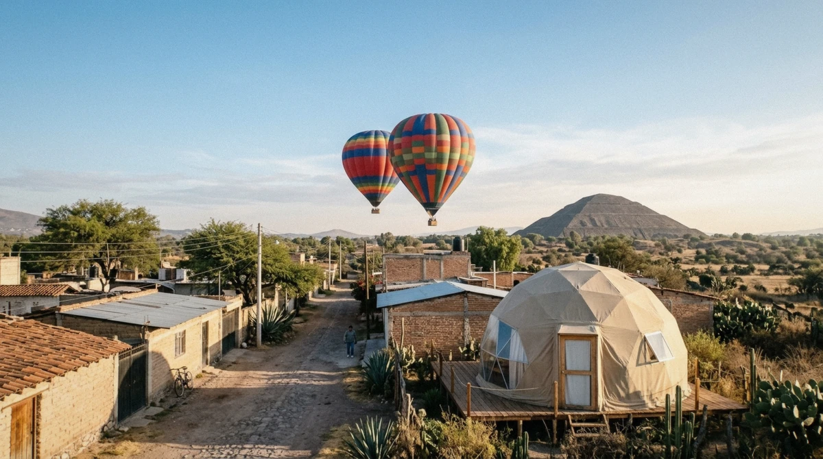A quiet hotel terrace near Teotihuacán at dawn with balloons rising in the distance over the valley near Mexico City