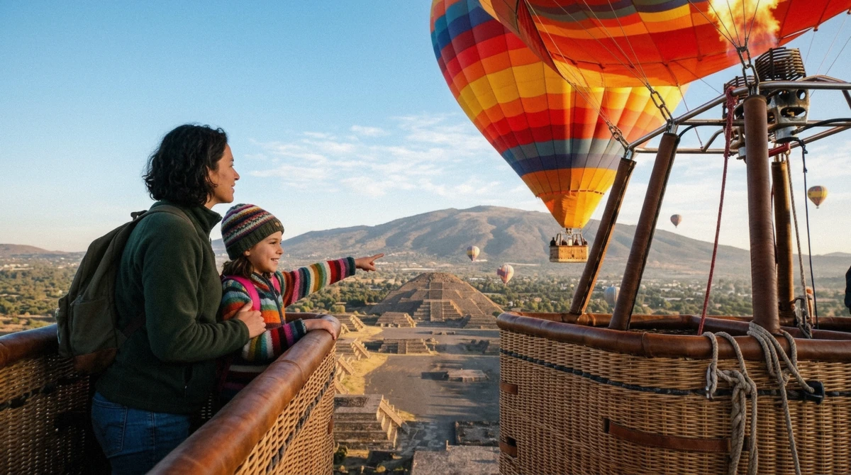 A child looking out over the basket edge during a hot air balloon flight over Teotihuacán near Mexico City at sunrise