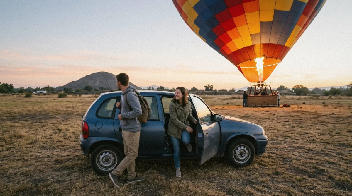 A parked car and an empty pre-dawn highway leading toward a hot air balloon launch field near Teotihuacán, Mexico City