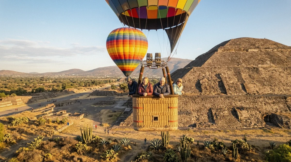 A hot air balloon lifting off at sunrise over the Teotihuacán valley, the real flight behind whether a hot air balloon ride in Mexico City is worth it